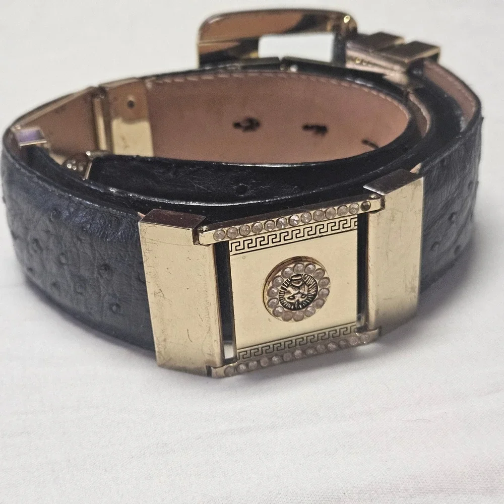 El General Ostrich Leather Belt Mens 32 Black Gold Lion Rhinestone Western Luxe